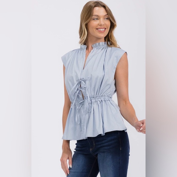 Light Blue Sleeveless Front Tie Peplum Top - Picture 3 of 5